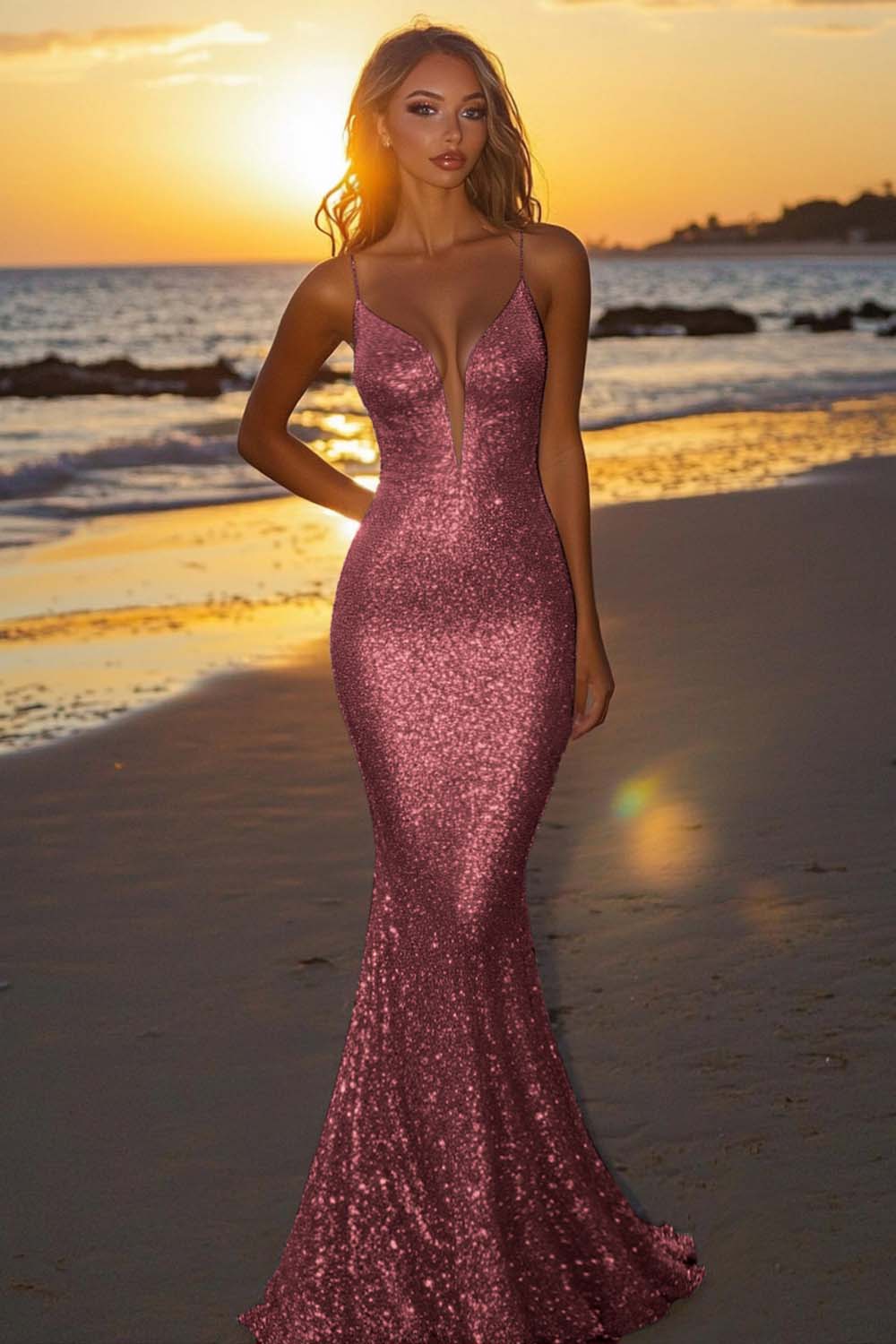 Suzhoufashion Silver Glitter Mermaid Backless Long Prom Dress With Deep V Neck Formal Evening Gown