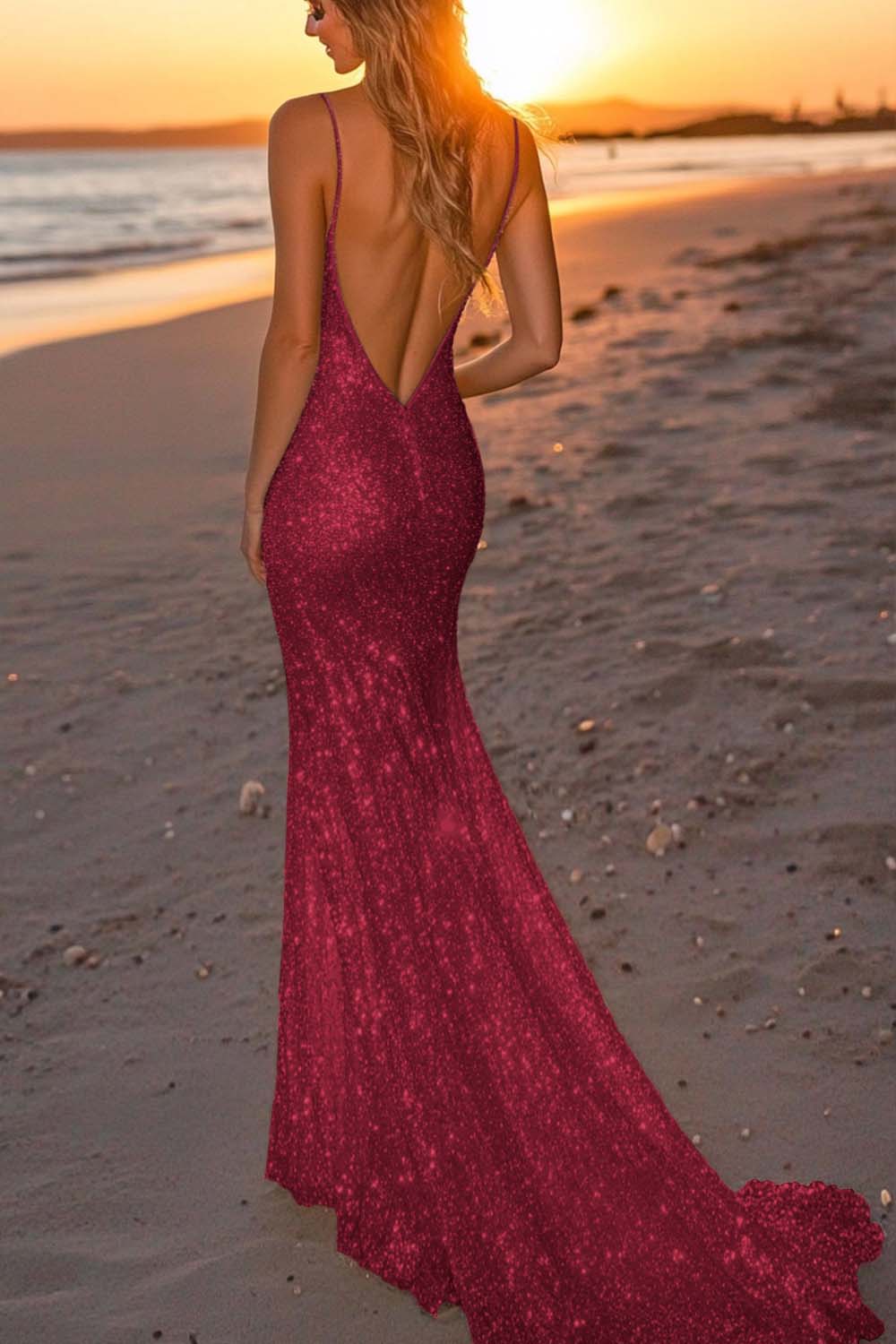Suzhoufashion Silver Glitter Mermaid Backless Long Prom Dress With Deep V Neck Formal Evening Gown