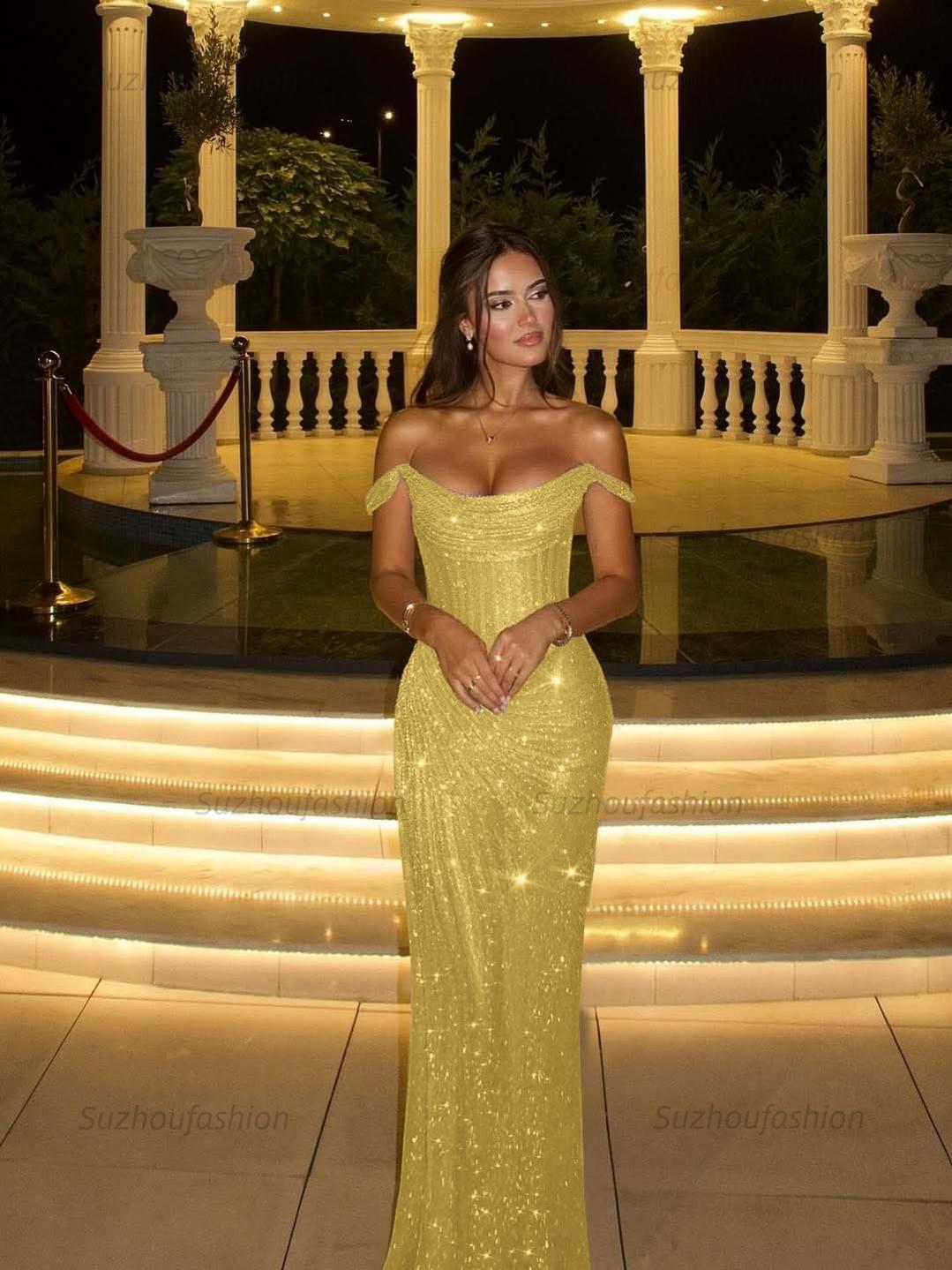 Silver Off the Shoulder Sequined Prom Dress Mermaid Floor Length Formal Dress with Slit