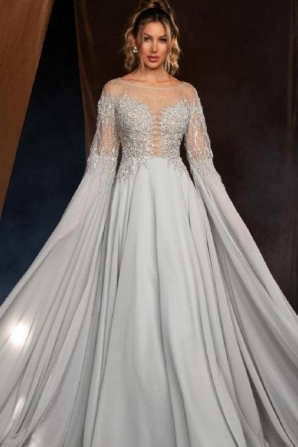 Silver Prom Dress A Line Crew Beaded Sleeves Sweep Train Chiffon Formal Dress