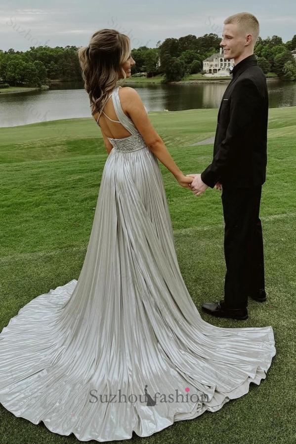 Silver Prom Dress A Line Halter Pleated Formal Dress With Rhinestones