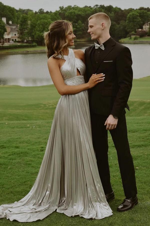 Silver Prom Dress A Line Halter Pleated Formal Dress With Rhinestones