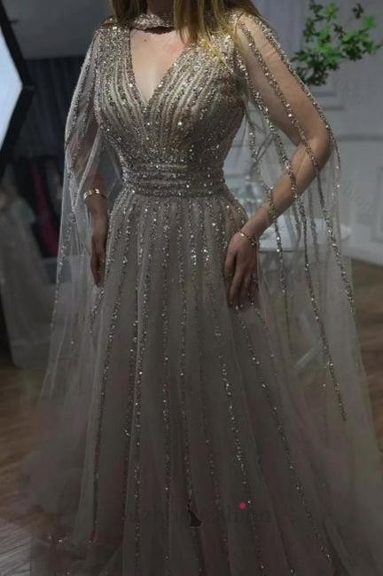 Silver Prom Dress A Line V Neck Beaded Sequined Floor Length Tulle Formal Dress