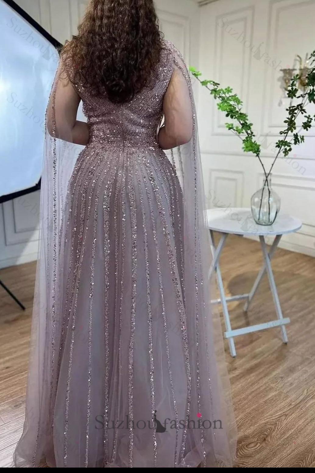 Silver Prom Dress A Line V Neck Beaded Sequined Floor Length Tulle Formal Dress