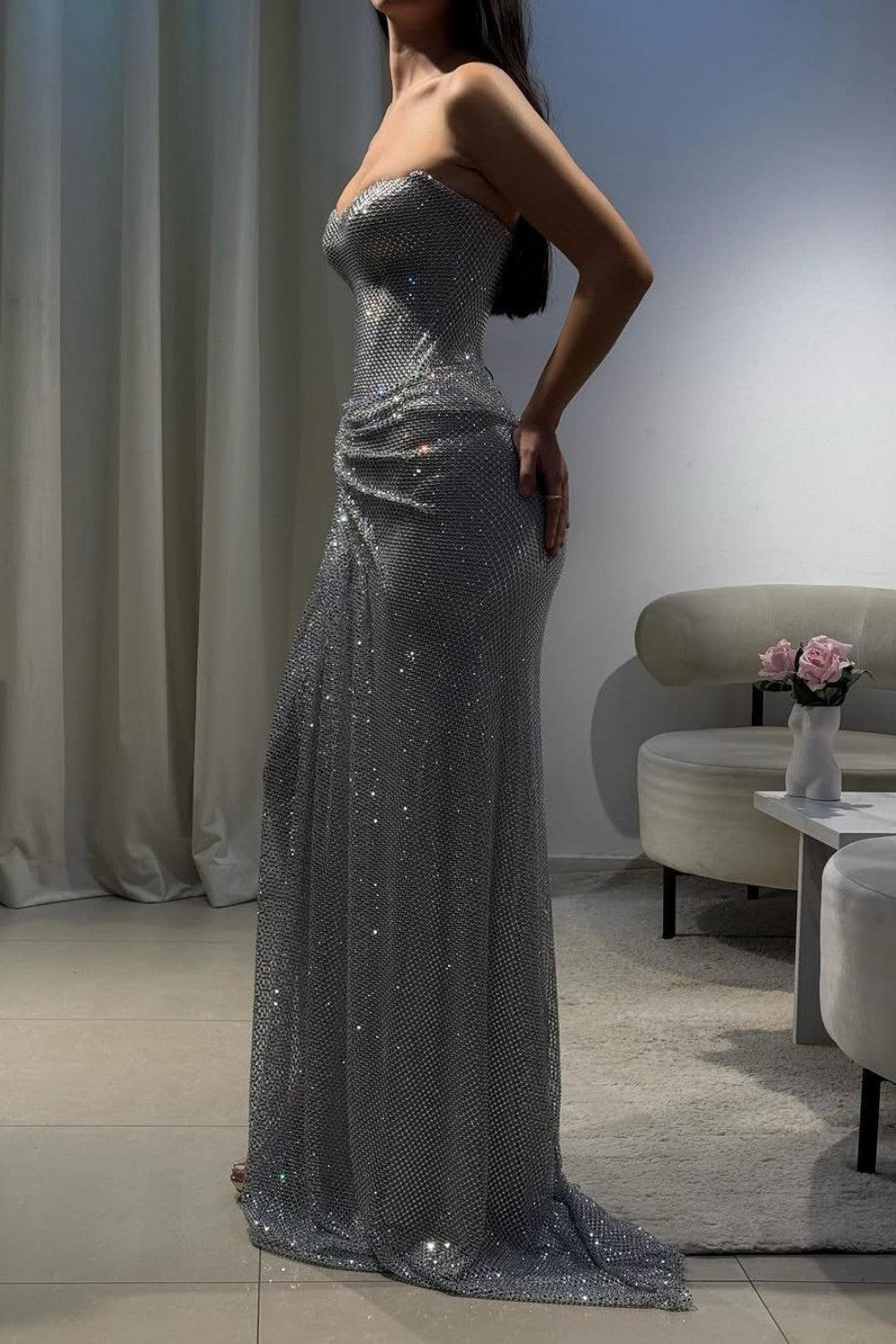 Suzhoufashion Silver Strapless Sequin Mermaid Prom Dress With High Slit And Draped Detail Formal Evening Gown