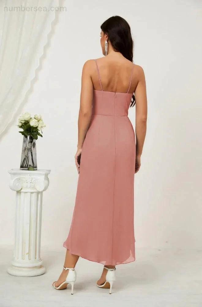 ZapDress Spaghetti Chiffon V Neck Bridesmaid Dress Mid-Length Slit Formal Prom Dress Homecoming Dress 2803 (ZD16952)