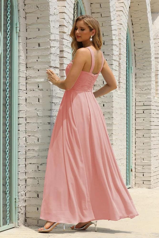 ZapDress Women Halter Chiffon Bridesmaid Dress A-line Long Formal Prom Gown (ZD17050)