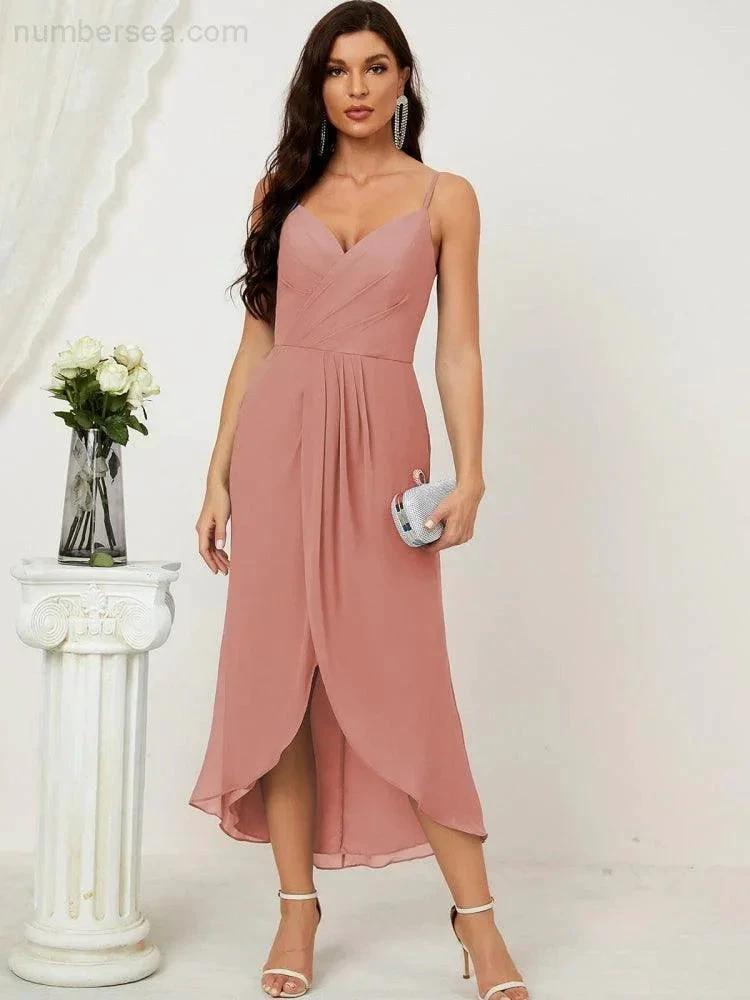 ZapDress Spaghetti Chiffon V Neck Bridesmaid Dress Mid-Length Slit Formal Prom Dress Homecoming Dress 2803 (ZD16952)
