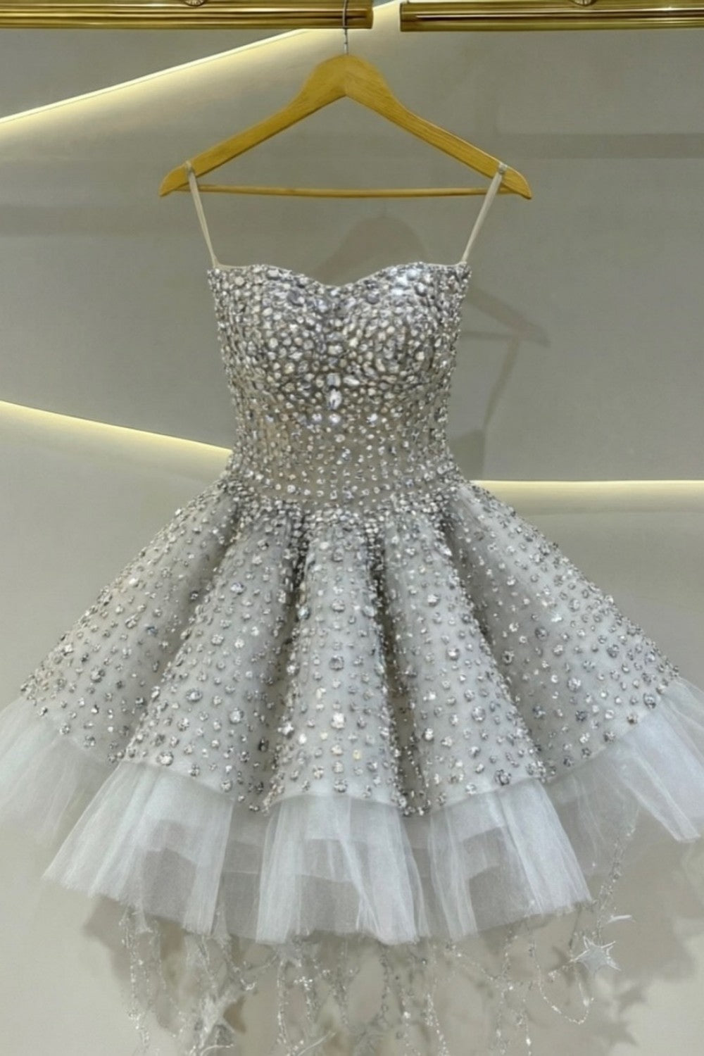 Silver Rhinestone A-Line Corset Homecoming Dress with Tulle Hem Mini Skirt