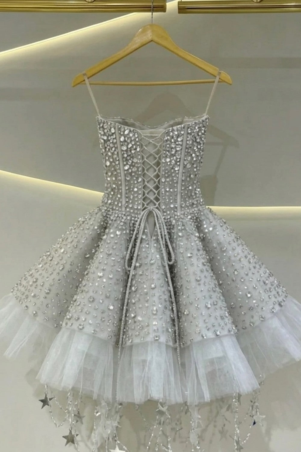 Silver Rhinestone A-Line Corset Homecoming Dress with Tulle Hem Mini Skirt
