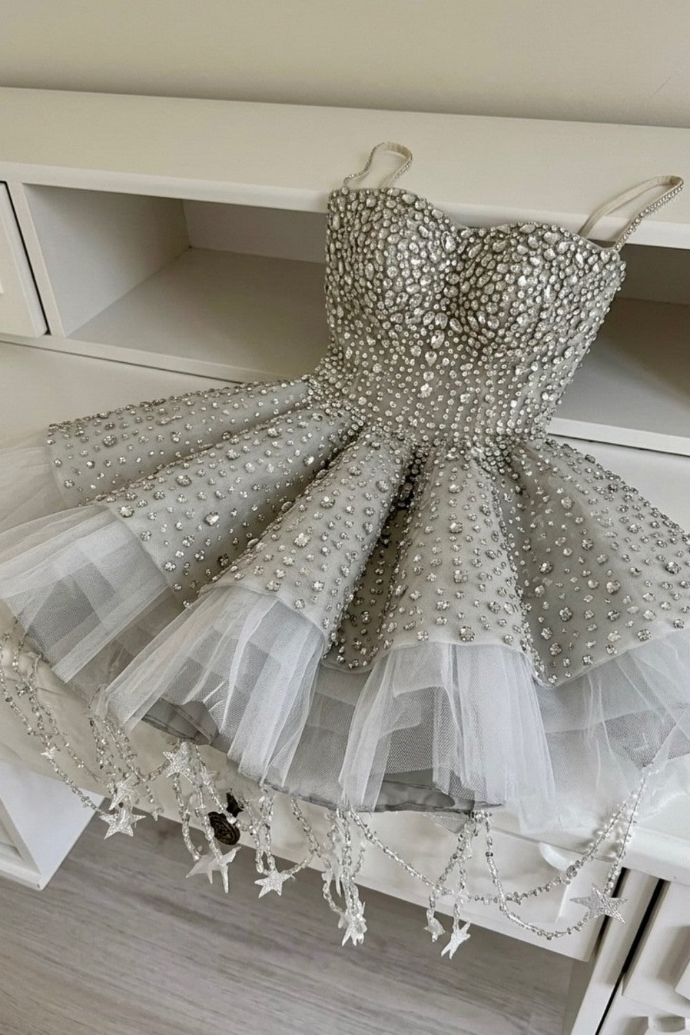 Silver Rhinestone A-Line Corset Homecoming Dress with Tulle Hem Mini Skirt