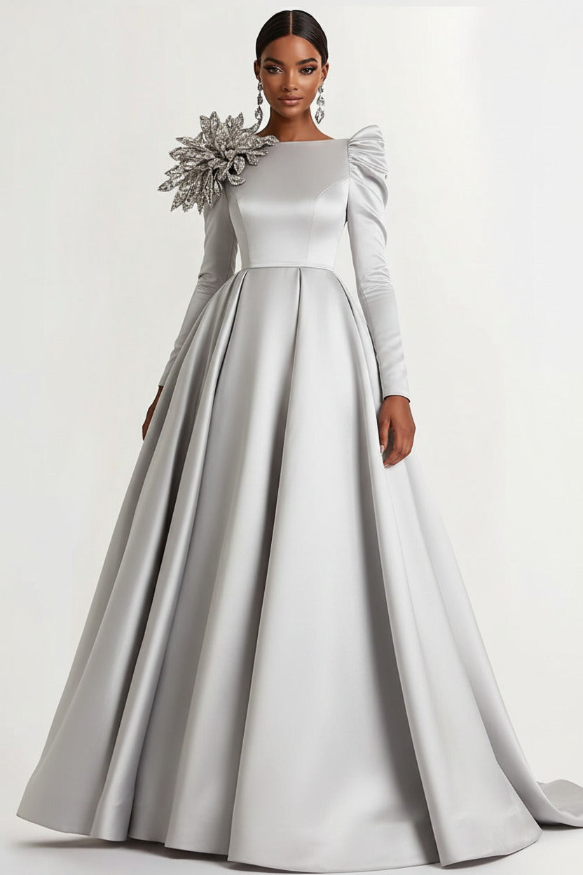 A-Line Long Black Wedding Guest Dress Satin Boat Neck Formal Dress With Long Sleeves