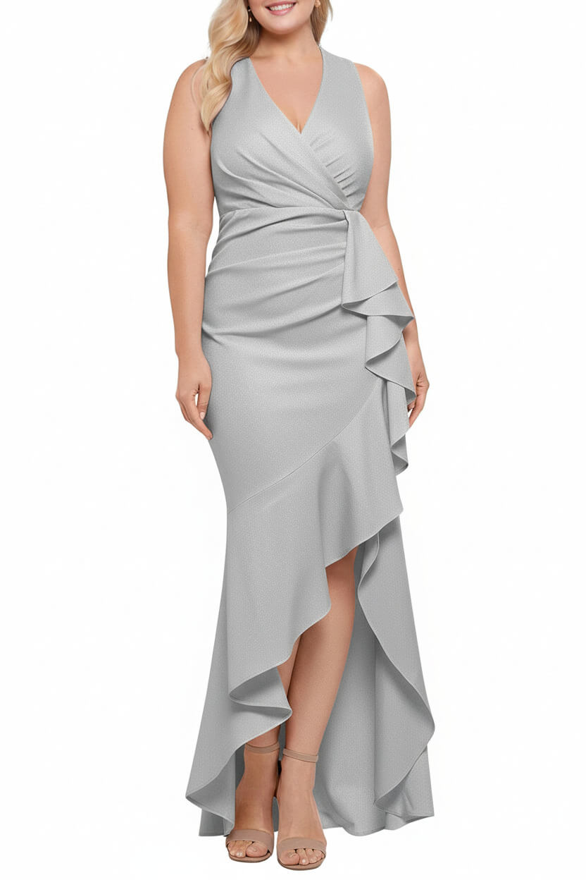 V Neck Sleeveless Plus Size Long Sheath Column Mother of the Bride Dress with Ruffles