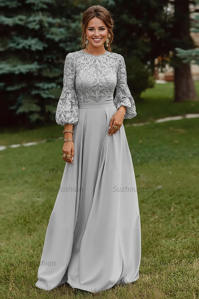 Lace Dusty Rose Puff Sleeves A Line Floor Length Mother Of The Bride Dress