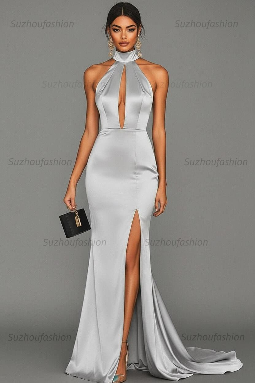 Satin Black Wedding Guest Dress Mermaid Halter Neck Formal Dress
