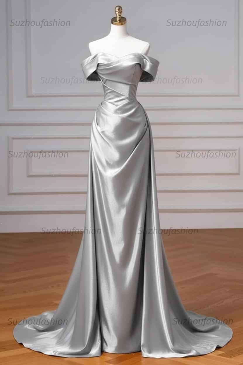 Navy Prom Dress Blue Off The Shoulder Formal Dress with Detachable Train