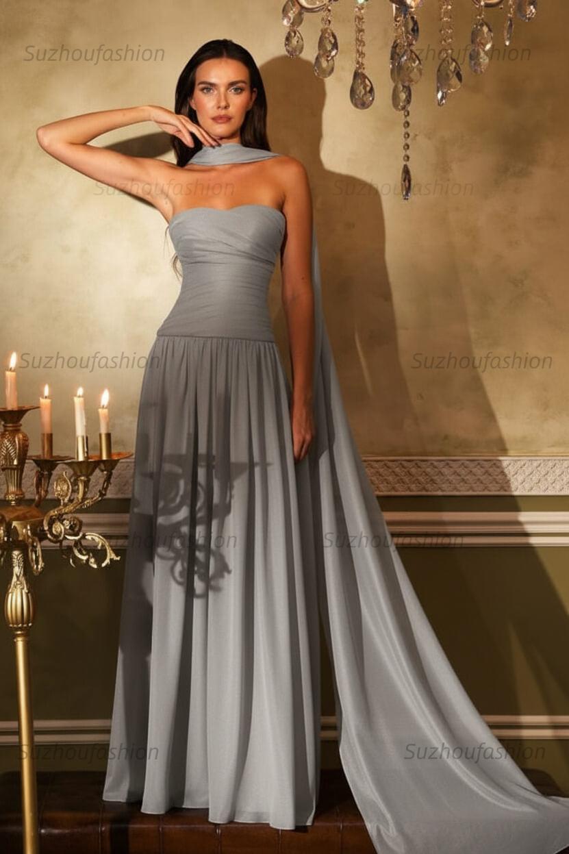 Chiffon Strapless Sleeveless Long Evening Formal Dress With Ruffled Pleated