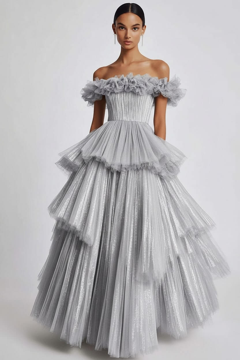 Dusty Sage Prom Dress Tulle Off The Shoulder Ball Gown Formal Dress With Ruffles