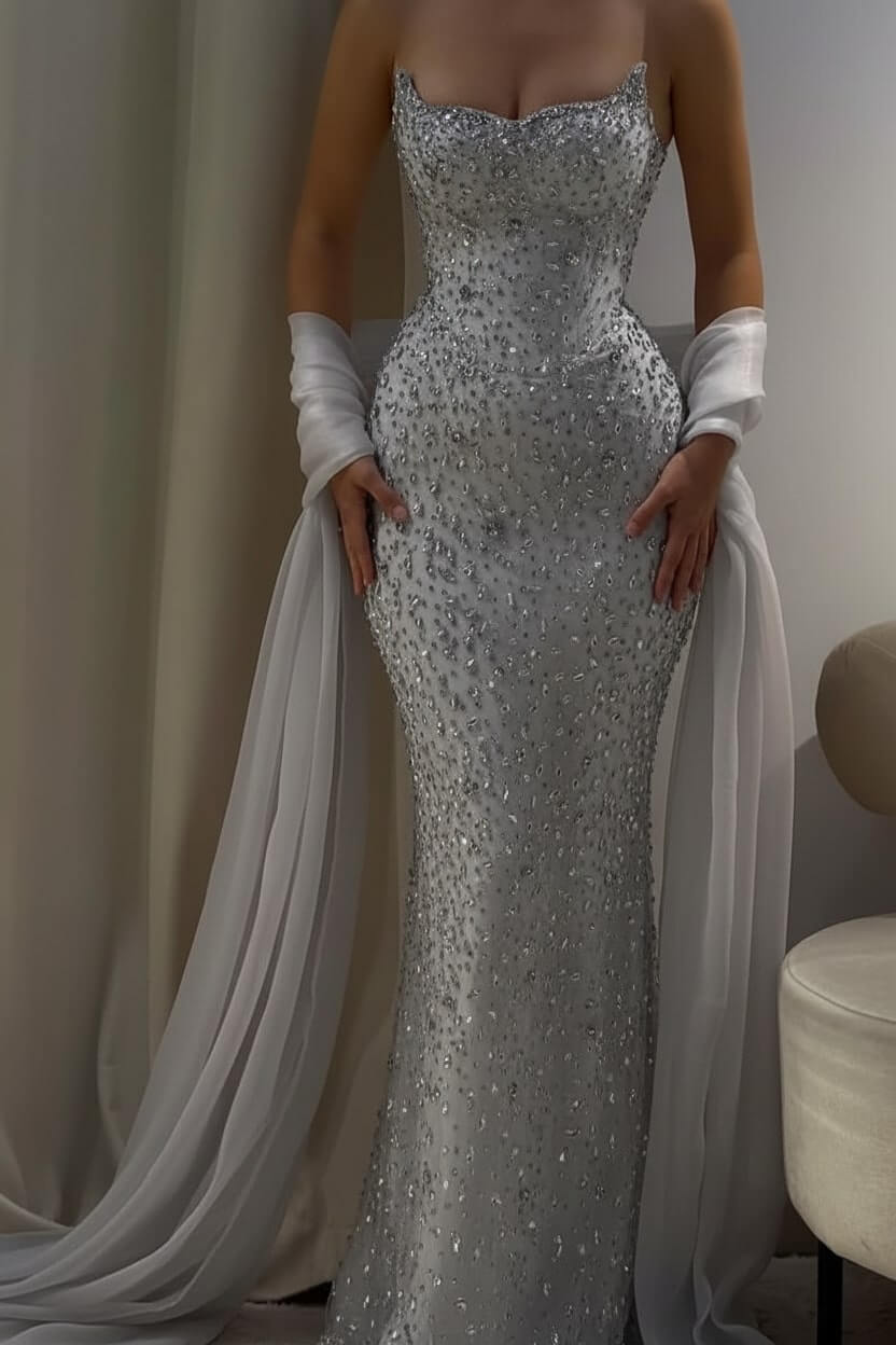 Strapless Sleeveless Long Mermaid Evening Formal Dress With Beading
