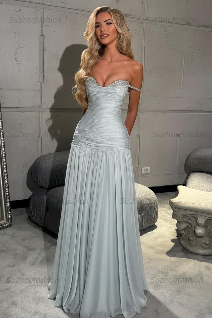 Off The Shoulder Prom Dress Sleeveless Pleated A Line Formal Evening Gown