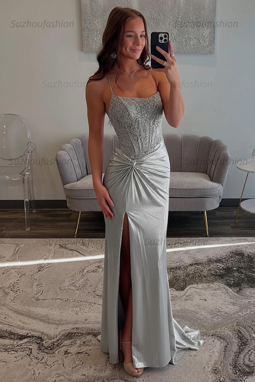 Red Prom Dress Spaghetti Straps Ruhed Long Lace Formal Dress With Appliques