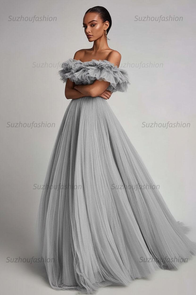 Dusty Sage Prom Dress Tulle A Line Long Formal Dress With Ruffles