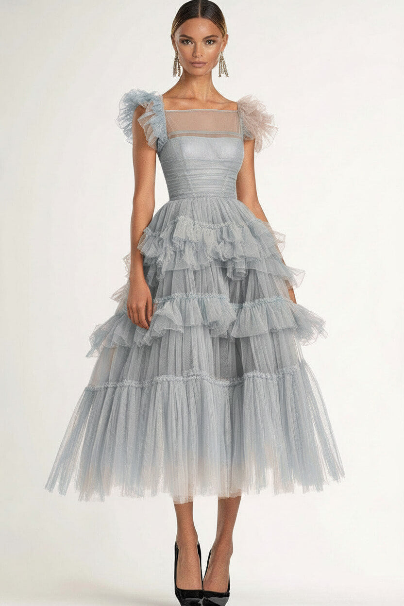 Tea Length Black Wedding Guest Dress A-Line Flatter Sleeves Tulle Formal Dress With Ruffles