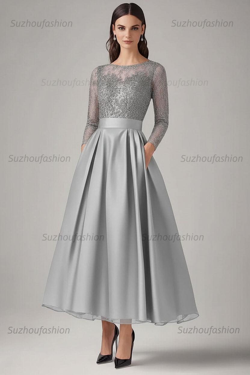 Navy Wedding Guest Dress Beaded A Line Long Sleeves Formal Dress With Lace