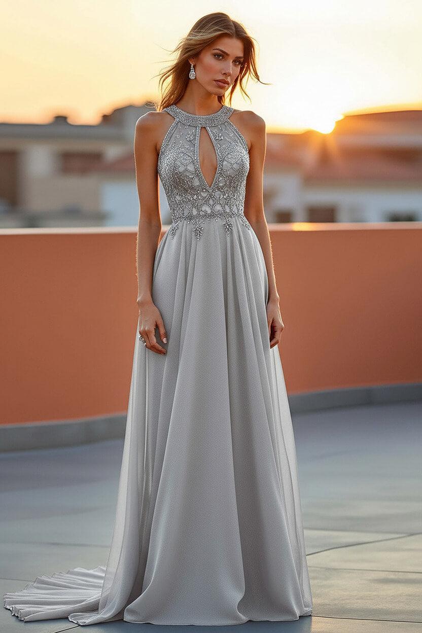 Beaded Navy Wedding Guest Dress Halter Long Formal Dress With Embroideries