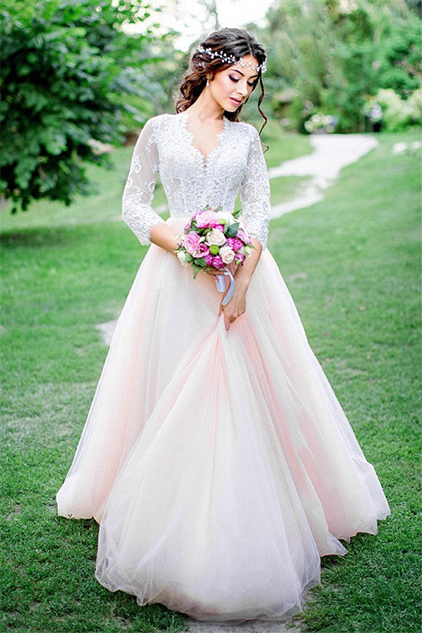 Simple 3/4 Sleeves Lace Wedding Dresses Puffy Tulle  Outdoor Bridal Dress