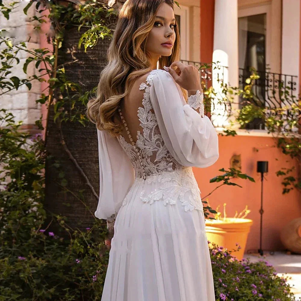 Simple A-Line V-neck Chiffon Wedding Dress Women's Elegant Decal Back Button Design Bridal Gowns Beach Party Welcome Vestido Nov (ZD14188)
