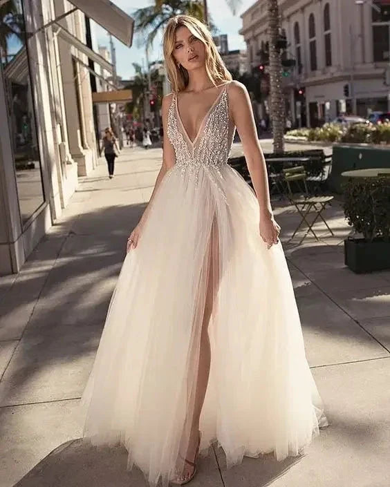 Simple  A-line Wedding Dresses 2023 Chiffon Appliques Bride Party Gowns Lace Custom Bridal  Robe De Mariee vestido de noiva (ZD13307)