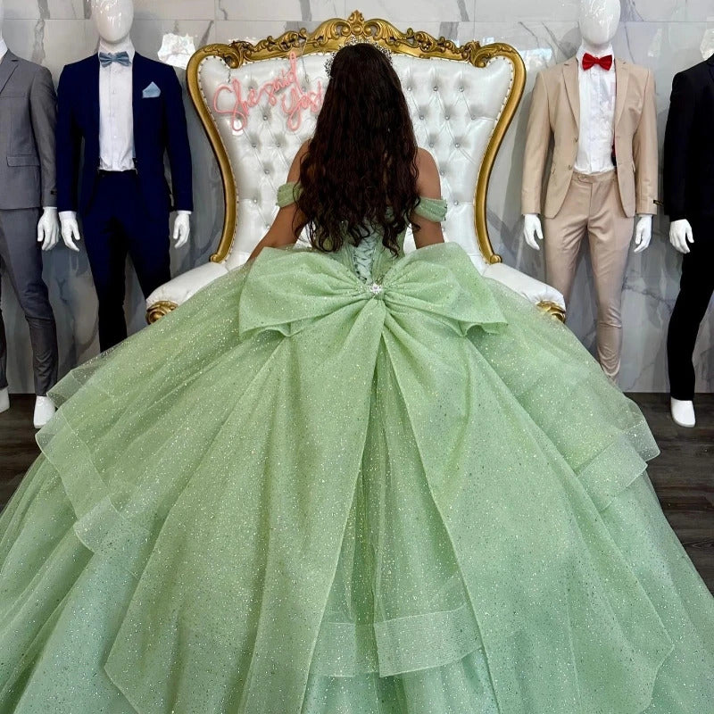 Simple Ball Gown Off Shoulder Sparkly Sequins Beaded Sage Green Tulle Quinceanera Dress For Sweet 16