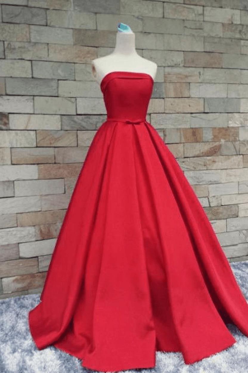Simple Bows-Sashes Puffy Evening Dresses  Red Strapless Prom Dresses