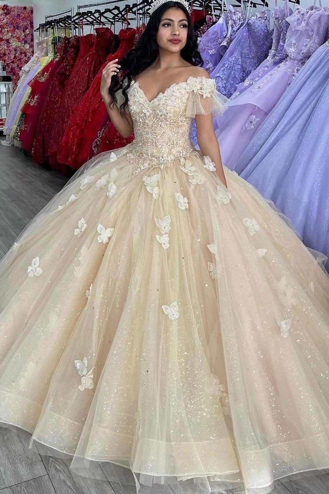 Simple & Casual Ball Gown Off Shoulder 3D Butterfly Lace Appliques Beaded Champagne Tulle Quinceanera Dress For Sweet 16