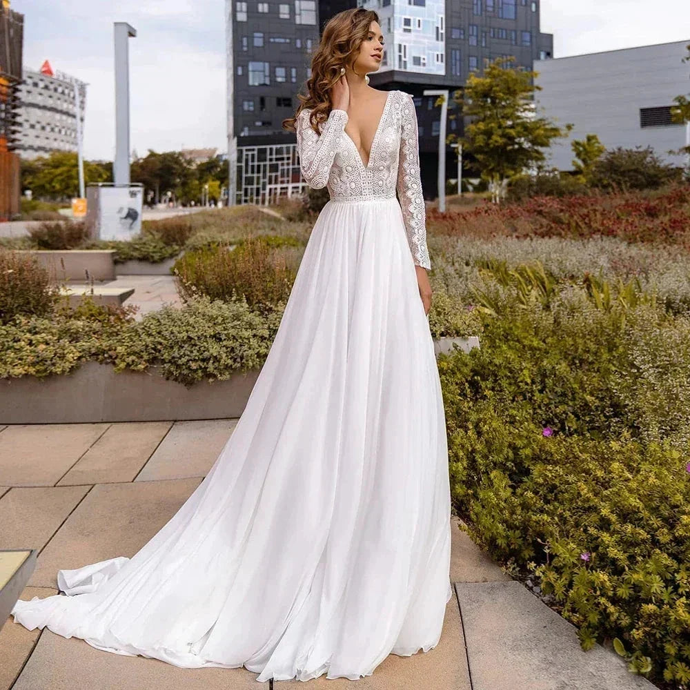 Simple Chiffon Boho Wedding Dresses Deep Sexy V Neck Long Sleeves Flowy Bohemian Bridal Wedding Gowns Backless A Line Robe Maria (ZD14164)