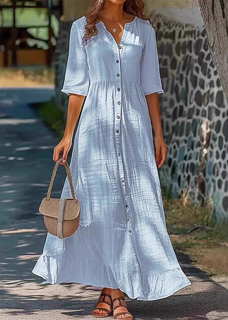 Simple Green Button Solid Cotton Shirts Dresses Half Sleeve