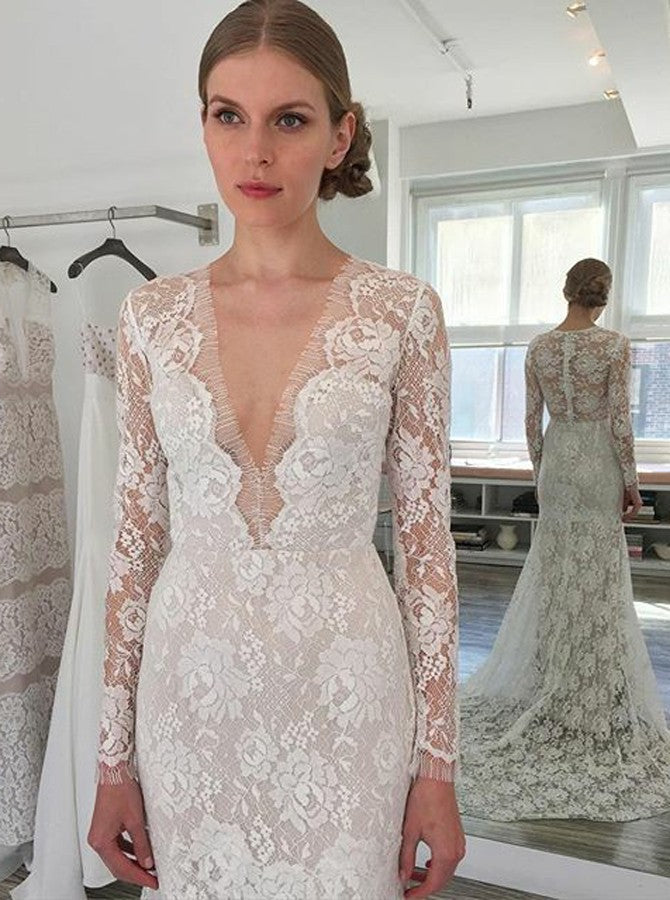 Simple Lace Mermaid Beach Wedding Dresses | Long Sleeves Mermaid Bridal Gowns