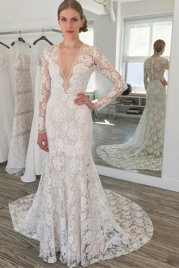 Simple Lace Mermaid Beach Wedding Dresses | Long Sleeves Mermaid Bridal Gowns