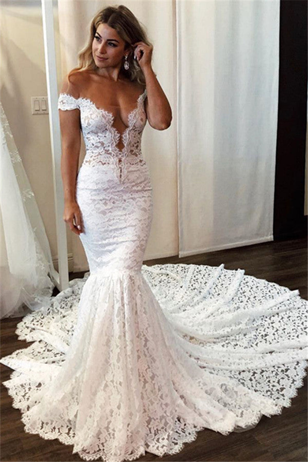 Simple Lace Mermaid Beach Wedding Dresses | Sexy Off-the-Shoulder Bridal Gowns