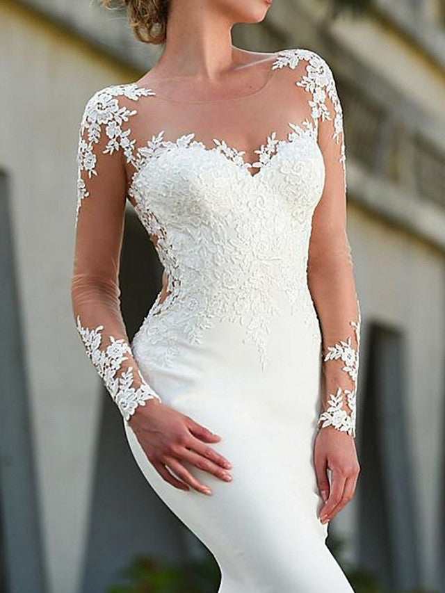 Simple Long Sleeves Tulle Jewel White Mermaid Beach Wedding Dresses