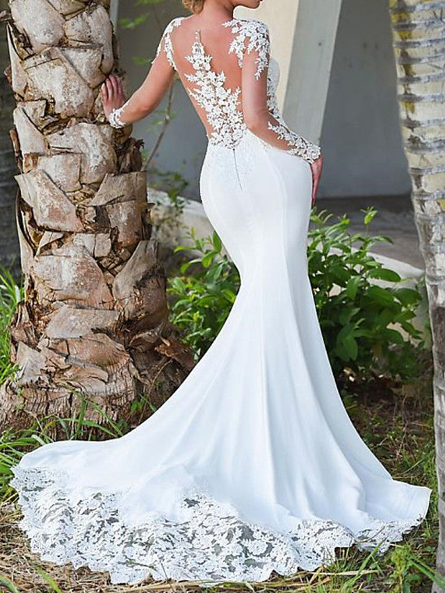 Simple Long Sleeves Tulle Jewel White Mermaid Beach Wedding Dresses