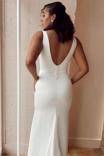 Simple Long White Mermaid Satin Sleeveless Wedding Dresses with Slit (ZD15637)