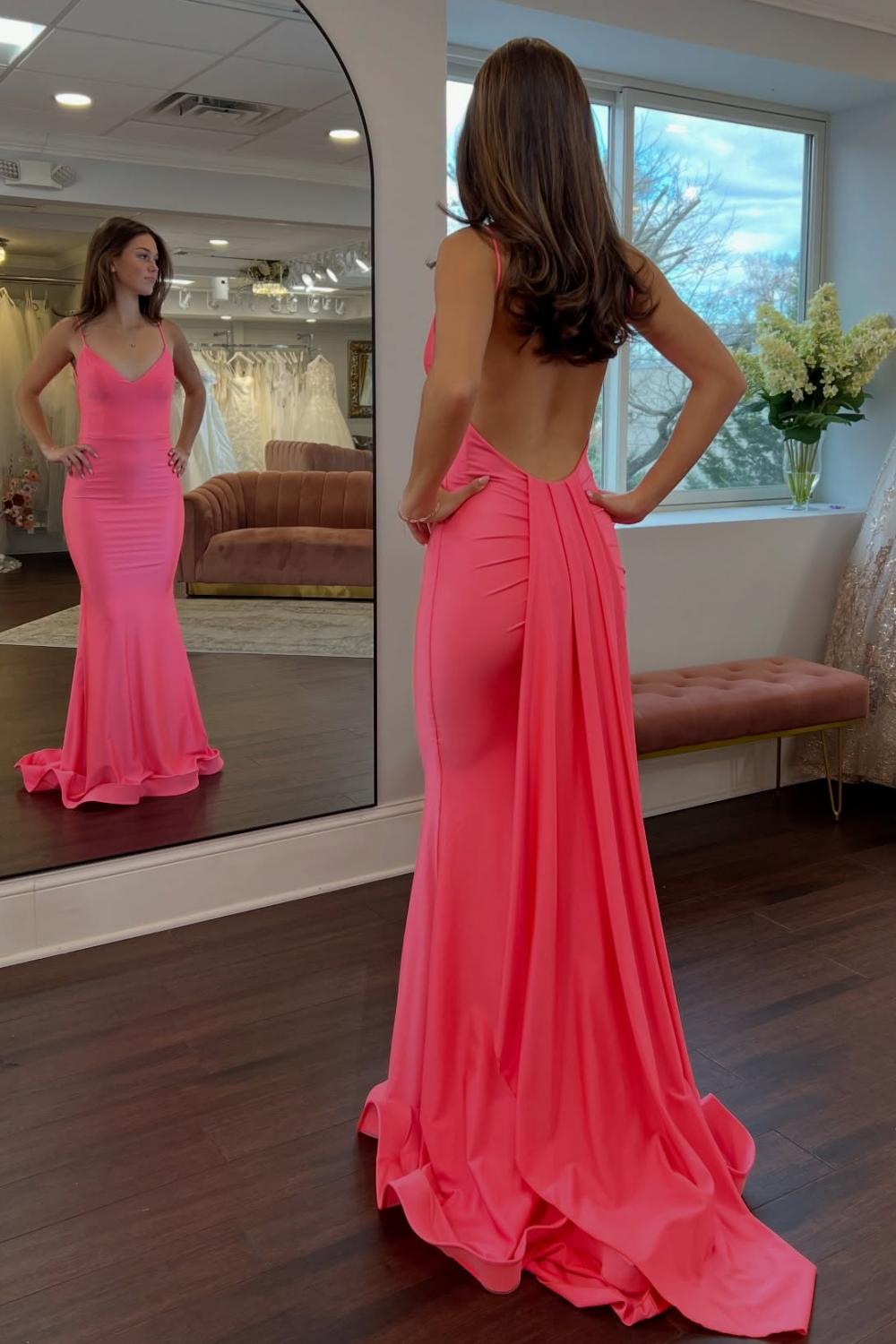 Suzhoufashion Simple Mermaid Spaghetti Straps Candy Pink Long Prom Dress With Train Formal Evening Gown