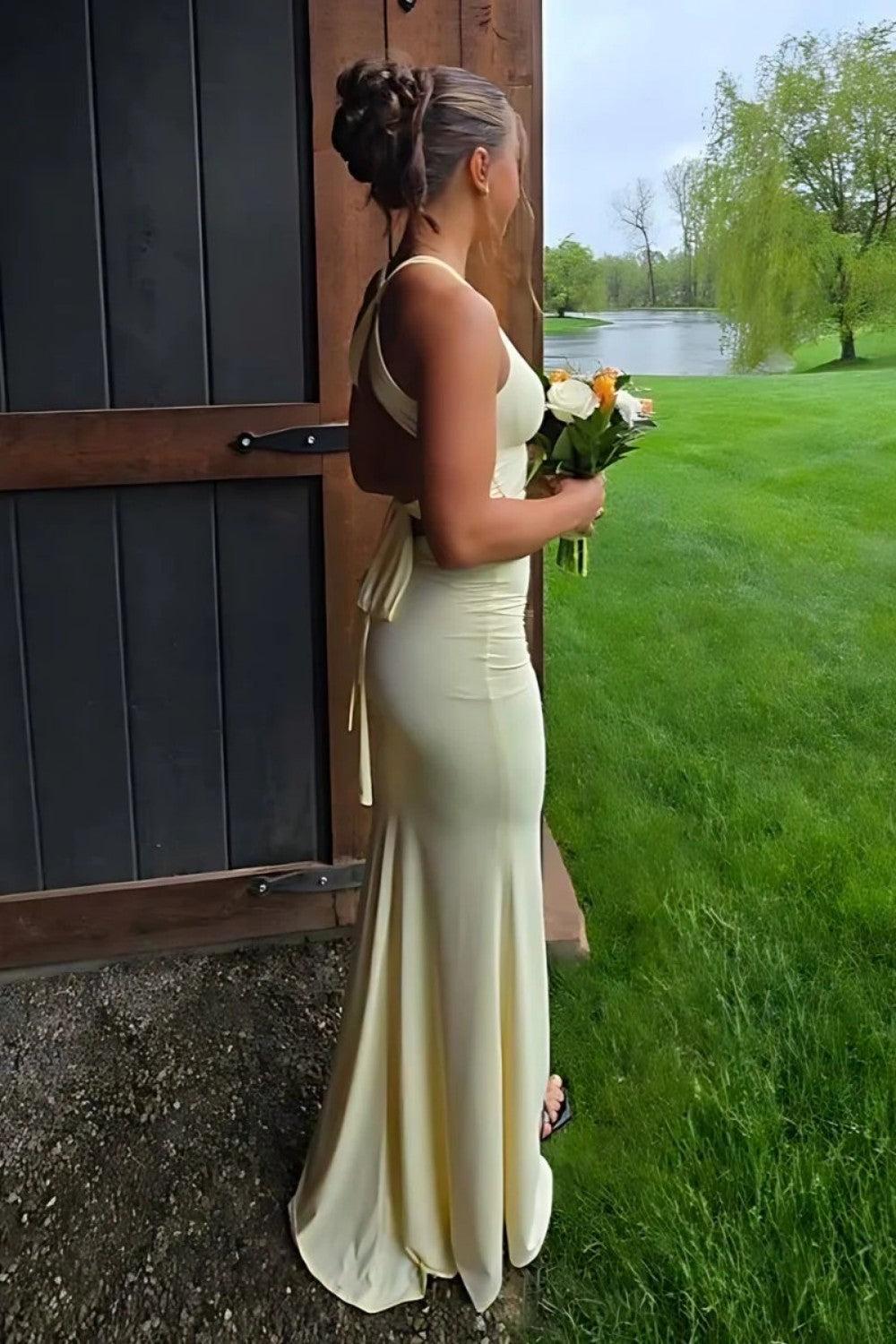 Mermaid V Neck Yellow Long Prom Dress With Open Back Formal Evening Gown