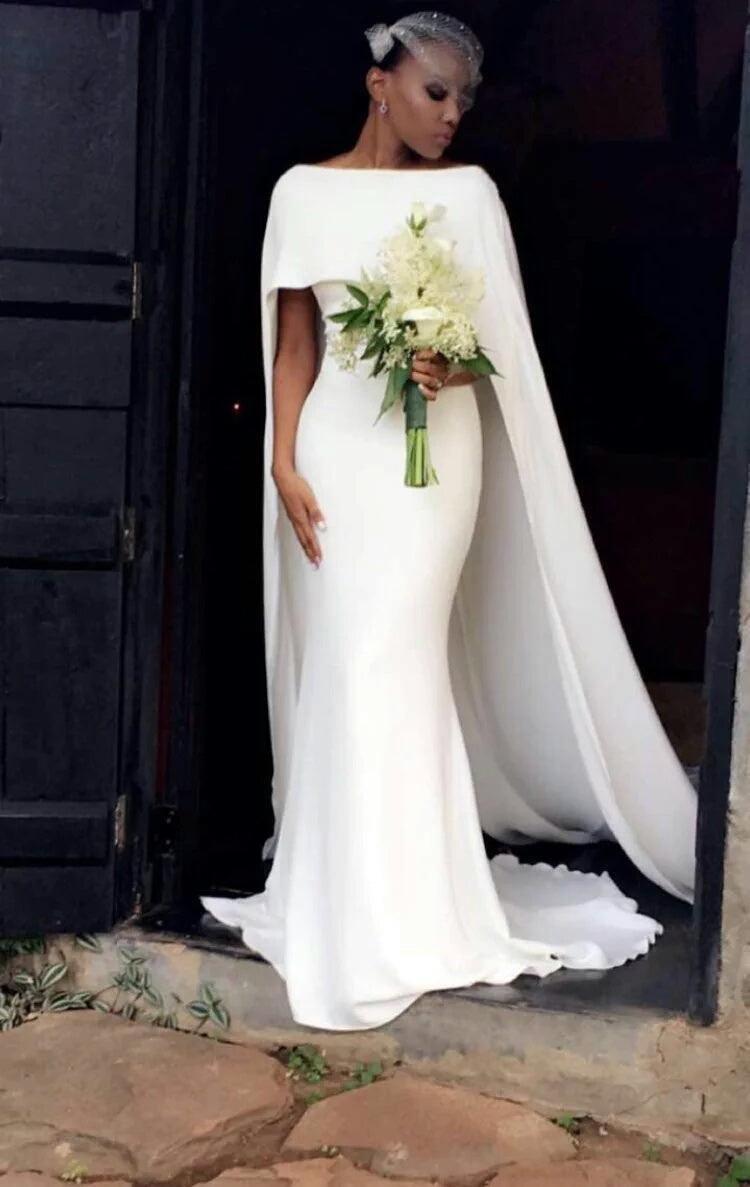 Simple Mermaid Wedding Dresses with Cape |  Elegant Bateau Bridal Gowns