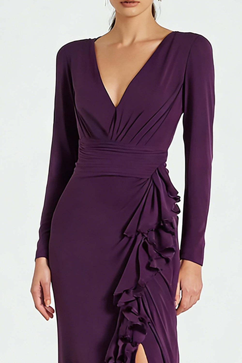 Suzhoufashion Simple Plum Satin V-Neck Long Sleeves Prom Dress With Ruffles