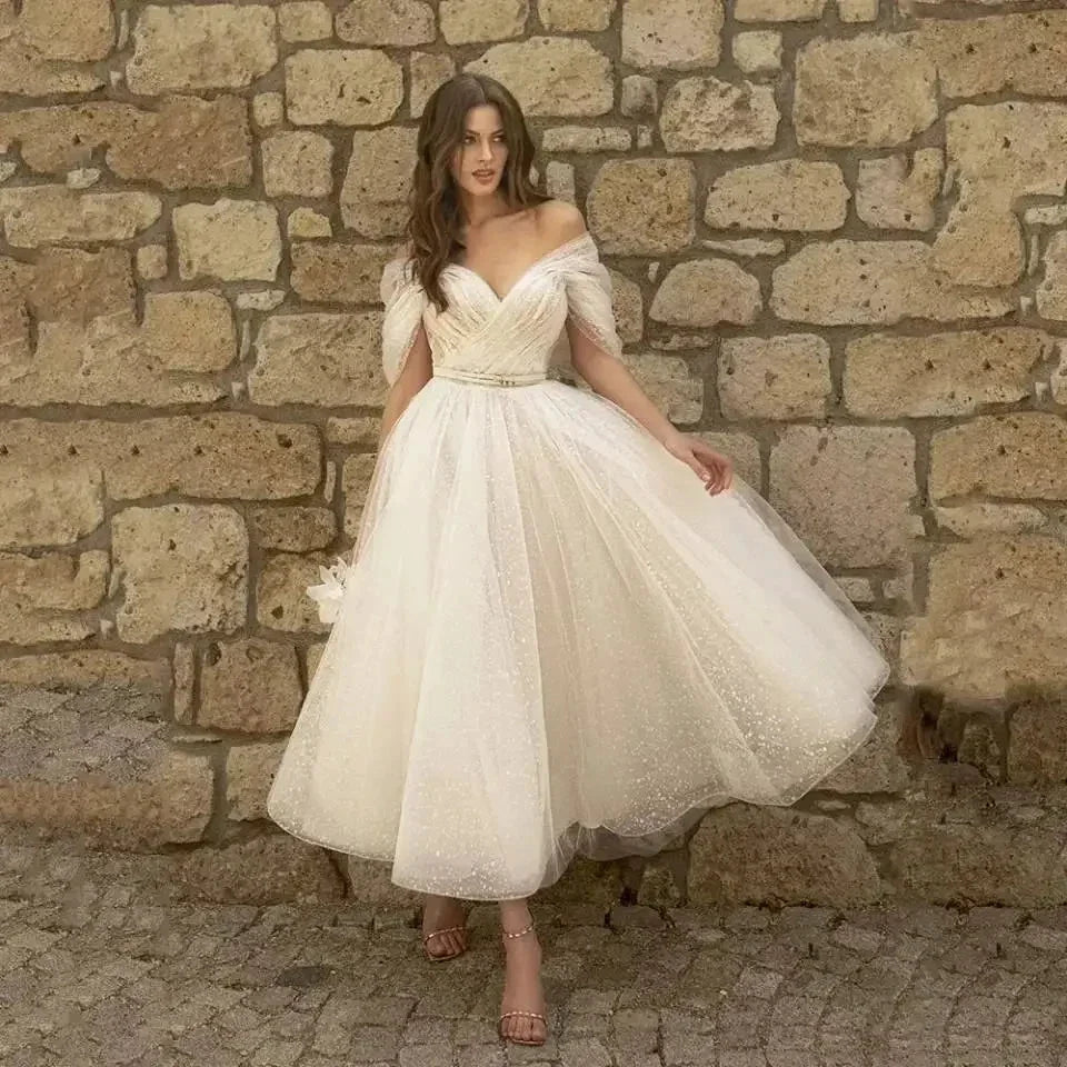 Simple Short Beach Wedding Dress 2022 V Neck Off Shouler Custom Made Bridal Gowns A Line Tea Length Backless Vestidos De Novia by payinti