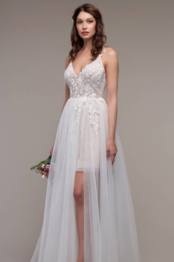 Simple Spaghetti Straps Tulle Lace Beach Wedding Dress On Sale