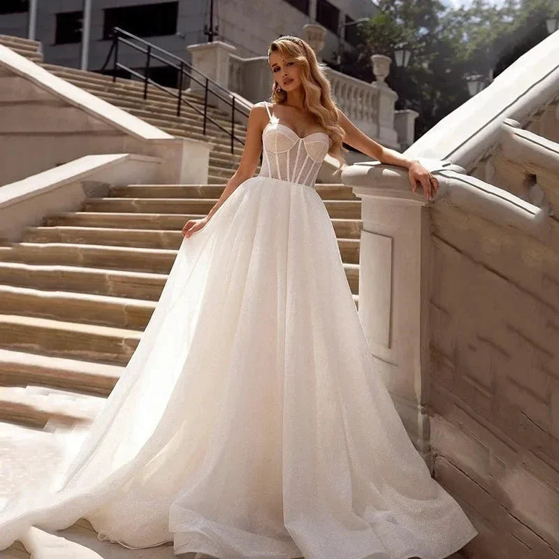 Simple Wedding Dresses With Shiny Tulle Sexy Spaghetti Straps Vestidos De Novia Custom-Made Vestido De Noiva (ZD14024)